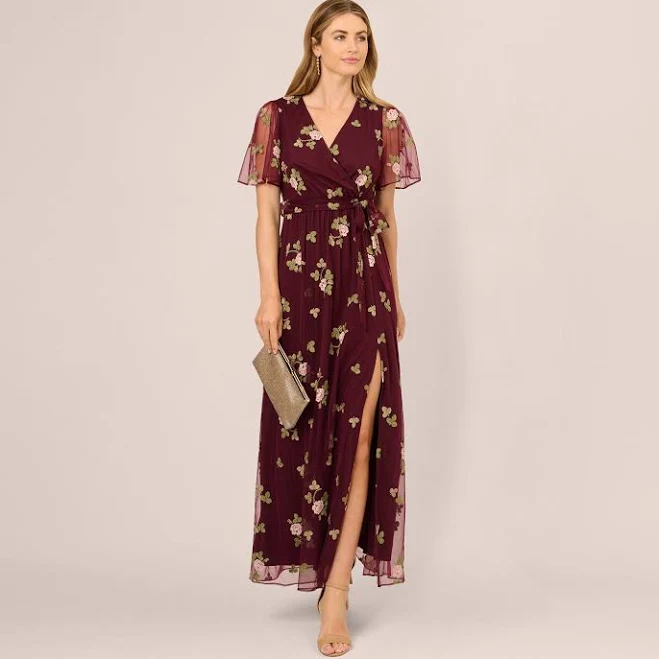 dress Floral Embroidered Sheer Flutter Sleeve Maxi Dress Adrianna Papell $103.99
