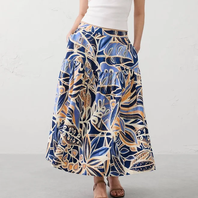 skirt Floral Print Linen-Blend Tiered Midi Skirt Banana Republic Factory $54