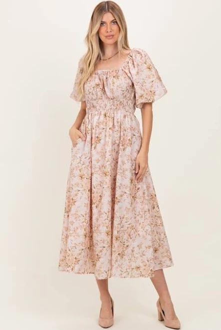 dress Floral Puff Sleeve Midi Dress PinkBlush Maternity $57