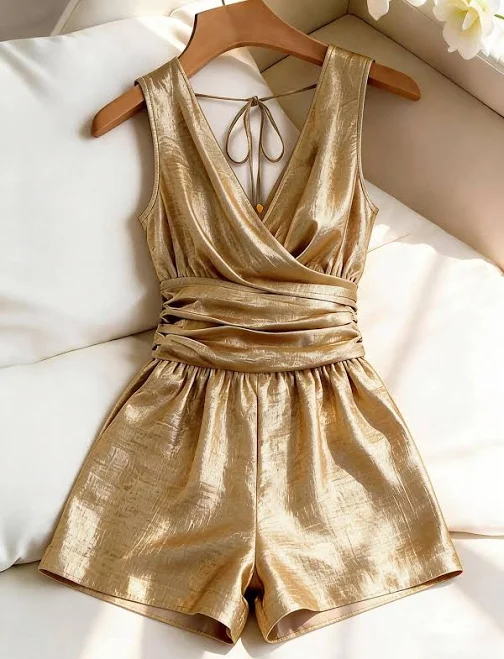 romper Franclia Metallic Gloss Ruched Waist Deep V Jumpsuit Shein $16.06