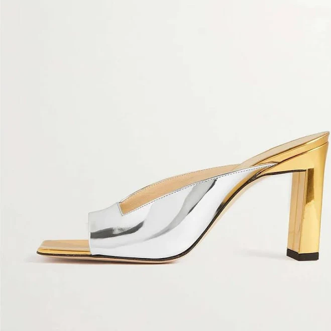 shoes FSJ Metallic Gold & Silver Square Toe Slip-On Block Heel Mules fsjshoes $105