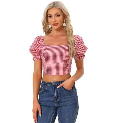 top Gingham Bubble Sleeve Smocked Cropped Blouse Target $24.99