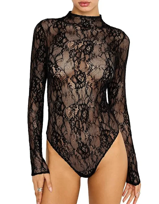 bodysuit Good American Women's Lace Mock Neck Bodysuit Saks Fifth Avenue $97.3