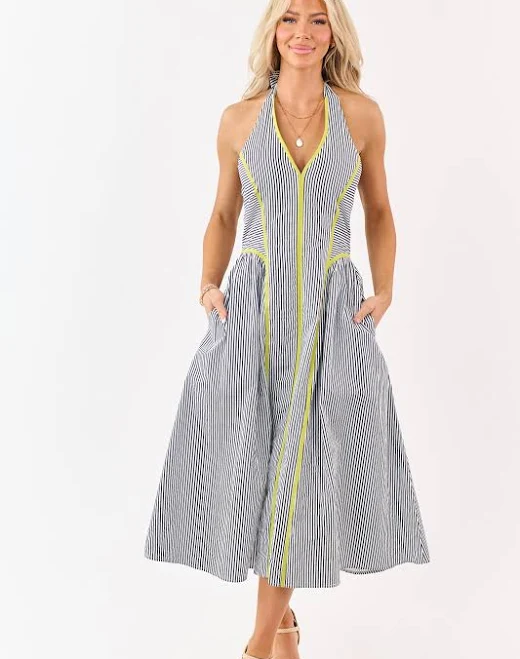 dress Halter Striped Cotton Midi Dress Lime Lush $68.99