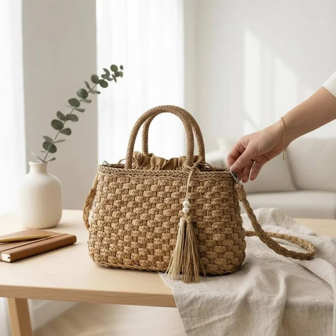 bag Handmade Straw Woven Crossbody Bag with Pearl Tassel Etsy - Seller $56