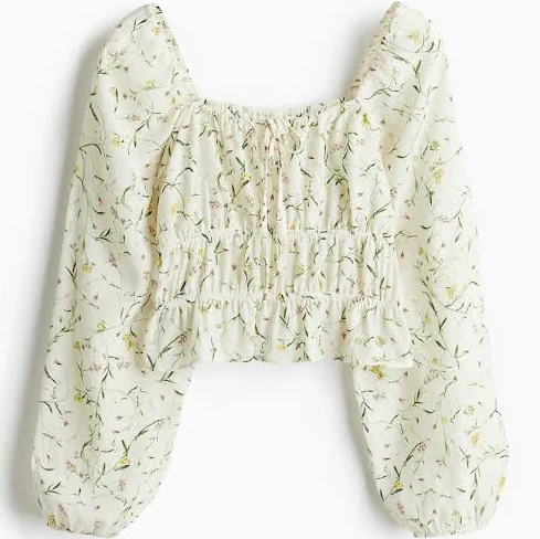 top Hm Crinkled Blouse White Floral Women's H&M $19.99