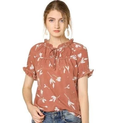 top INSPIRE CHIC Women's Floral Tie Neck Ruffle Short Sleeves Peasant Blouse Top Target $31.99