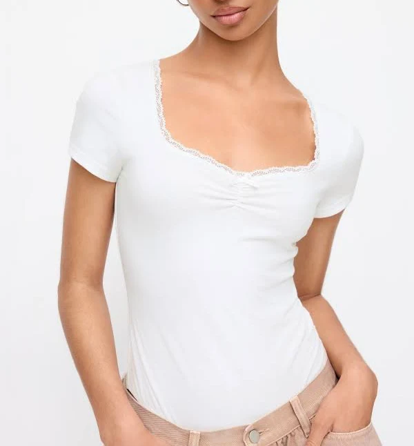 bodysuit Knit Fabric Cotton-Blend Scoop Neck Lace Panel Bodysuit Cider $19.9