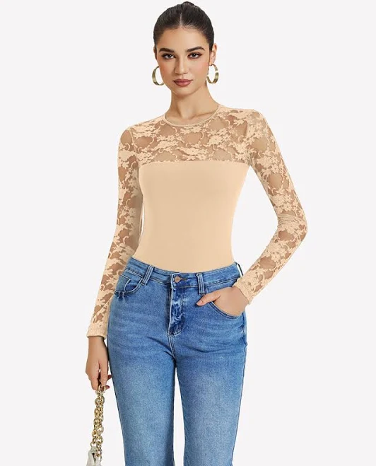 bodysuit Lace Long Sleeve Bodysuit Top Avidlove $37.28
