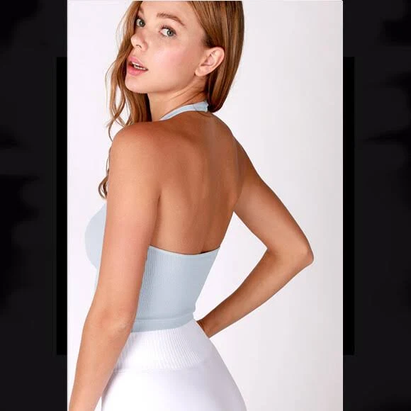 top Light Blue Ribbed Halter Crop Top with Vee Neckline eBay $18.99