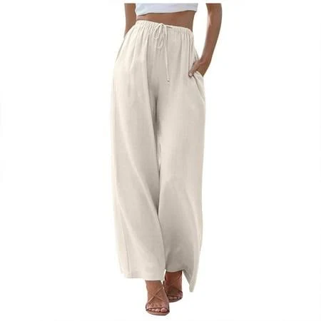 bottoms Linen High Waisted Wide Leg Palazzo Pants For Women Casual Summer Drawstring Trousers Flowy Beach Fashion (AB-White, L), Women's, Size: Large Walmart - Wildbloom $16.09