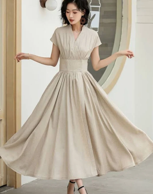 dress Linen Wrap Midi Dress with Belt & Pockets XiaoLizi $99