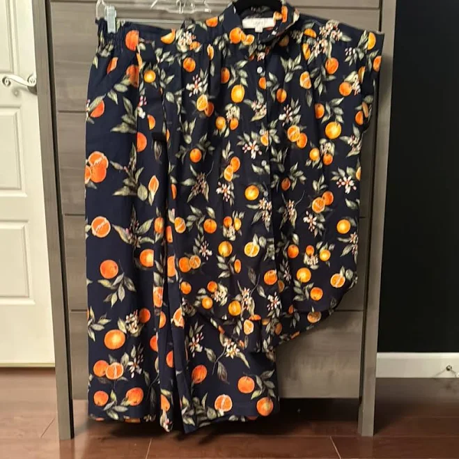 matching set Loft Pants & Jumpsuits | Nwt Loft Orange Print 2 Piece Set, Wide Leg Cropped Pants With Button Up Blouse | Color: Blue/Orange | Size: Xsp | Mnpharmd's Poshmark $60