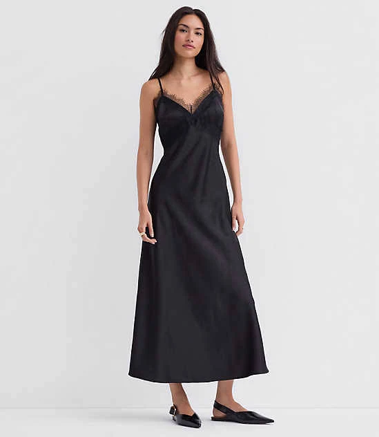 dress Loft Women's Petite Lace Trim Satin Midi Slip Dress LOFT $29.93