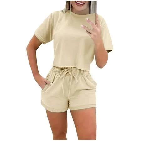 matching set Lovzfmll Two Piece Sets for Women Short Sleeve Crop Tops and Shorts Sweatsuit Casual Loose Summer Outfits Lounge Sets Khaki 3XL, Women's Walmart - Lovzfmll $17.69