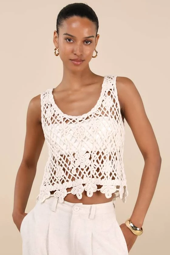 sleeveless top Lulus Cotton Sheer Crochet Knit Tank Top Lulus $29