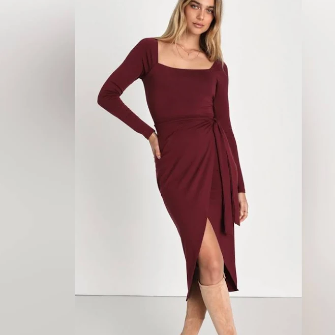 dress Lulus Dresses | Lulu’s Truly Timeless Burgundy Long Sleeve Midi Wrap Dress | Color: Red | Size: M | Daniellerix's Closet Poshmark $35