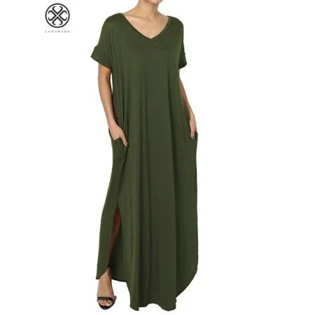 dress Luxtrada Women's Plus Viscose Jersey V-Neck Short Sleeve Relaxed T-Shirt Slit Long Maxi Dress Walmart - Luxtrada $20.99
