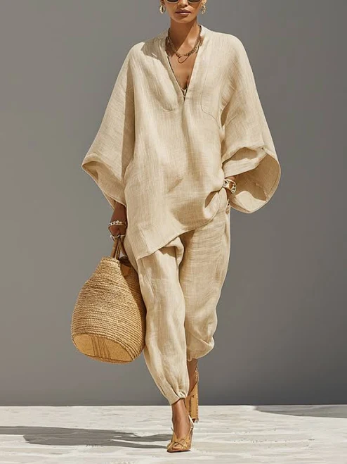 linen outfit LYL Women's Neutral Linen Asymmetric Hem Set Modesees $199.95