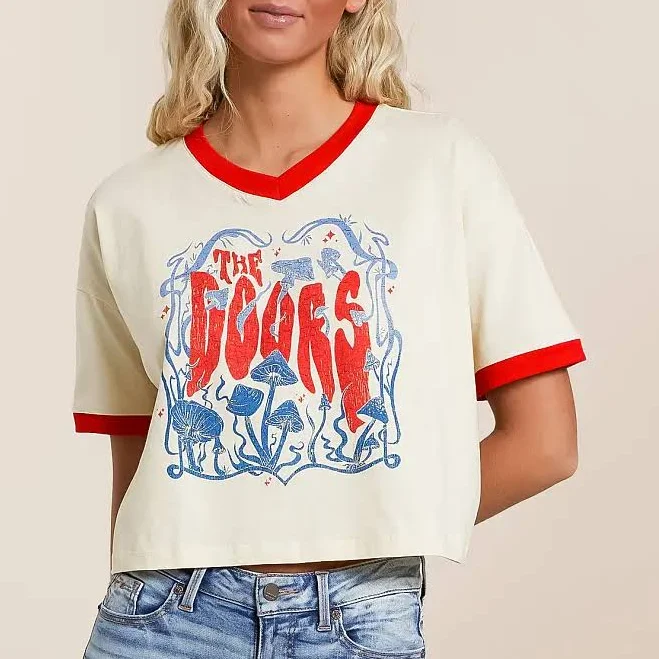 top Merch Traffic Women's Cotton The Doors Cropped Band T-Shirt in White Red/Cream | Size: Small | Buckle Buckle $34.99