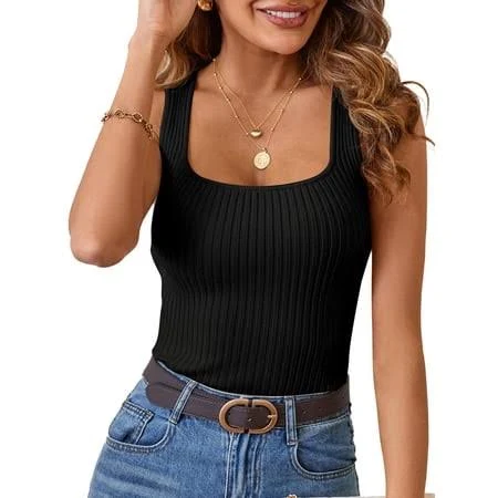top Merokeety Women's Casual Sleeveless Square Neck Ribbed Knit Cami Tank Top Walmart - Merokeety USA $12.99