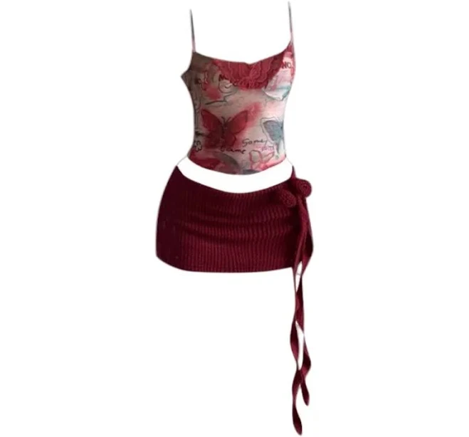 matching set Miss Tough Women's Y2K Butterfly Print Tube Top and Knitted Side Tie Mini AliExpress $14.62