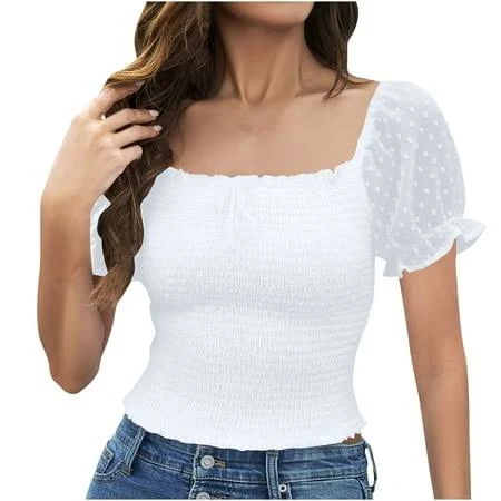 top Mittory Women's Square Neck Shirred Eyelet Embroidered Puff Short Sleeve Blouse Walmart - Mittory Company $12.05