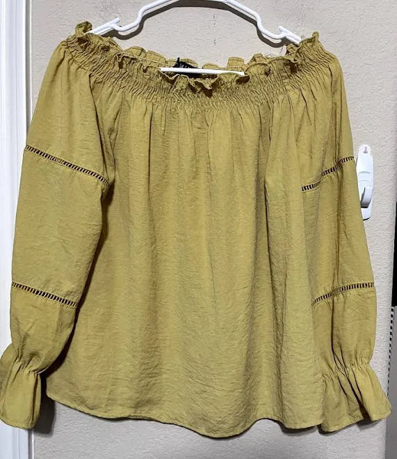 blouses Mustard Yellow Peasant Blouse Smocked Off Shoulder Flowy Romantic eBay - pastori $13.86