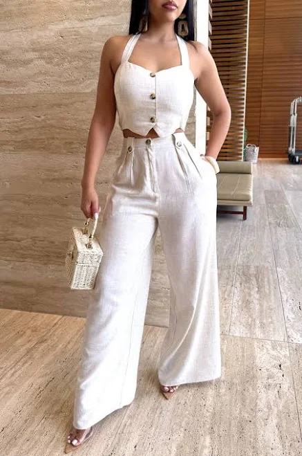 two piece set Oatmeal Linen Cropped Vest and Pants Set hotmiamistyles.com $59.99