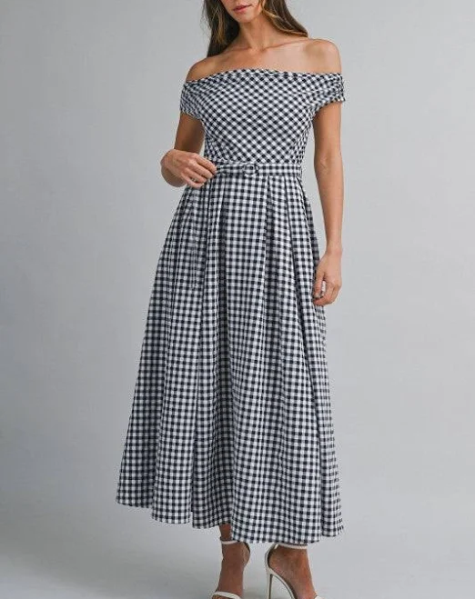 dress Off The Shoulder Belted Gingham Print Midi Dress Miss Match $140