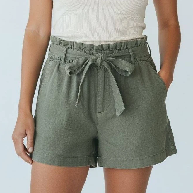 shorts Olive Green Linen Blend Paperbag Waist Shorts With Tie Belt eBay - trashurechest $21.99