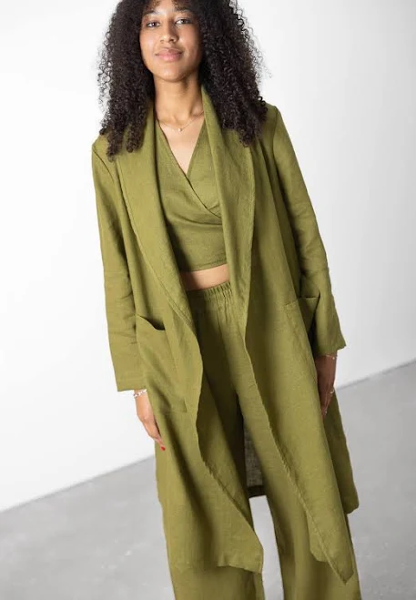outerwear Olive Green Long Linen Cardigan Women – Lightweight Linen Jacket Emma MinimalisticLinen $169.67