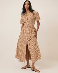 sundress Orange Gingham Short Sleeve Starlight Midi Dress nobodyschild.com $170