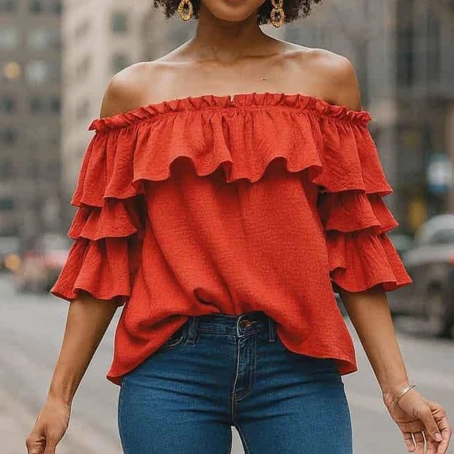 blouses Petunias of Naples Off-Shoulder Gauze Ruffle Blouse Petuniasofnaples $69.99