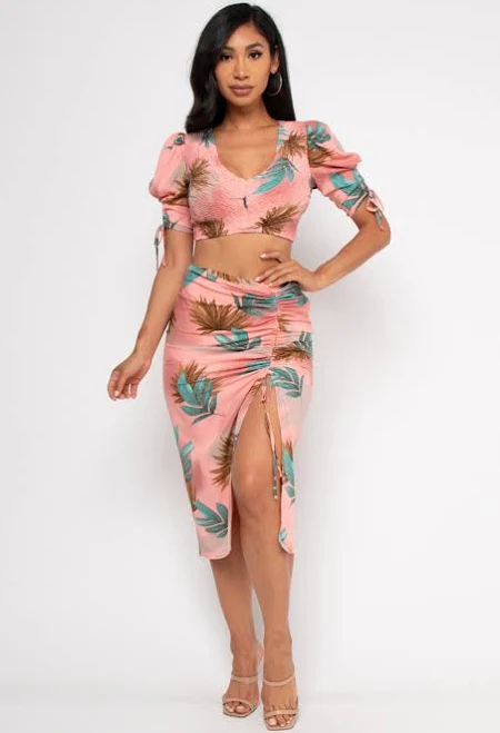 two piece set Pink Tropical Floral Print Crop Top And Skirt Set Sz Medium Summer eBay - mysticallady $29.95