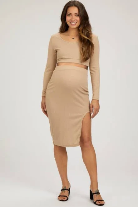 matching set Pinkblush Maternity Ribbed Long Sleeve Crop Top and Skirt Set PinkBlush Maternity $21