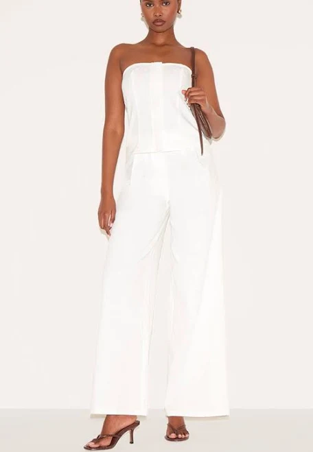 jumpsuit PrettyLittleThing Women's Linen Blend Tailored Bandeau Wide Leg Jumpsuit in White | Size: 2 Nasty Gal - US $46
