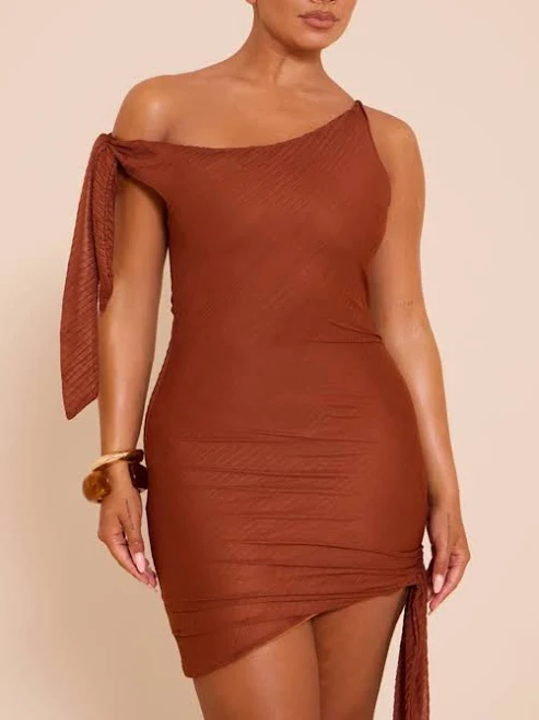 dress PrettyLittleThing Women's Shape Textured Off Shoulder Tie Side Mini Dress in Rust | Size: 8 Nasty Gal - US $27.6