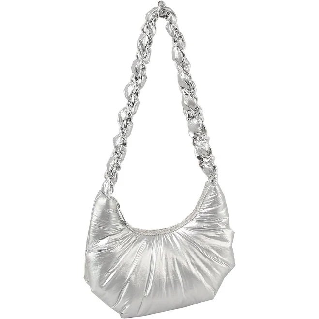 bag Puffy Chain Hobo Crossbody Bag with Metallic Shine Handbag Factory $18.25