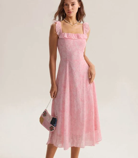 dress Rihoas Floral Chiffon Square Neck Ruffle Midi Dress | A-Line for Graduation, Wedding Guest, Bridal Shower, Pink / XL Rihoas $45
