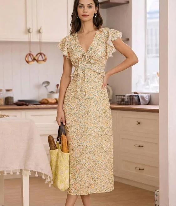dress Rihoas Floral V Neck Flutter Sleeve Tie Front A Line Midi Dress Rihoas $45