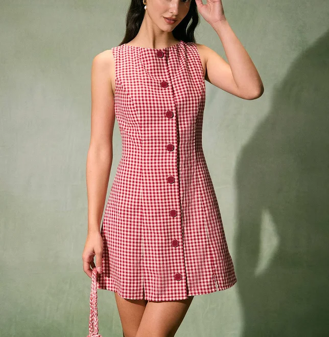 sundress Rihoas Sleeveless Round Neck Gingham Button Down Mini Dress Rihoas $39