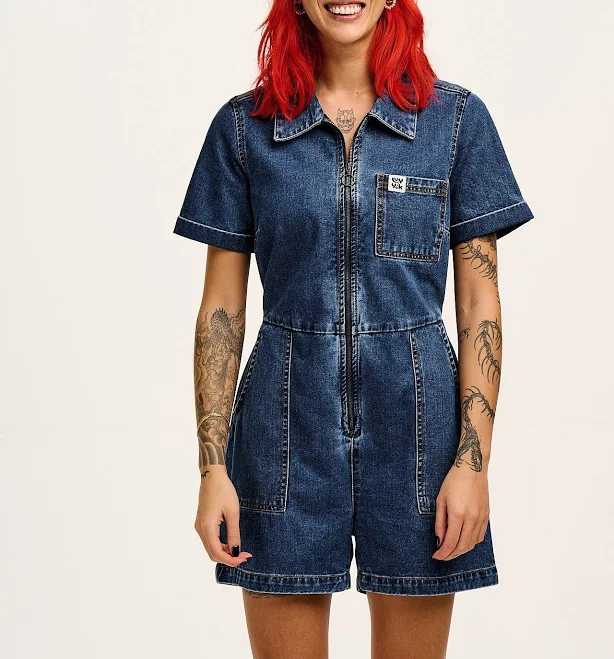 romper Riley Denim Playsuit in Mid Wash Blue Lucy & Yak $99