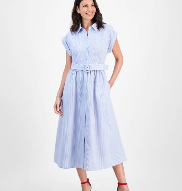 dress Robbie Bee Women's Striped Belted Midi Shirtdress Macy's $79