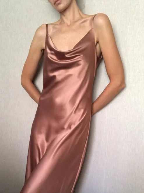 dress Rose Gold Cowl Neck Silk Satin Midi Length Slip Dress Etsy - Seller $135