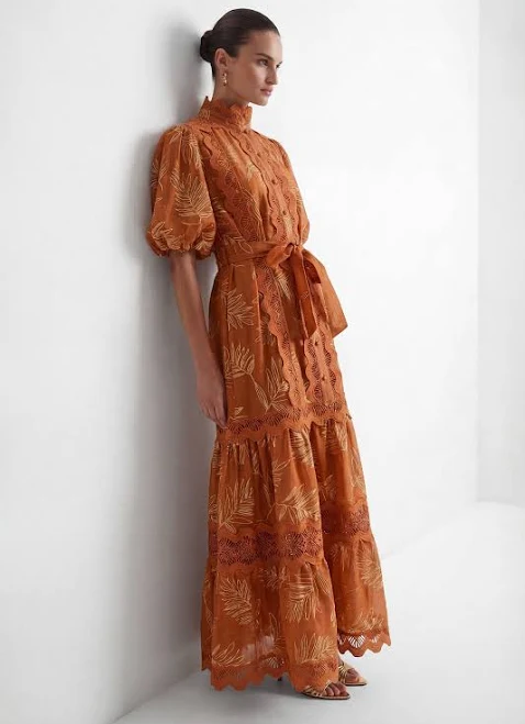 dress Secret Rendezvous Leaf Embroidered Tiered Maxi Dress sunfere $123