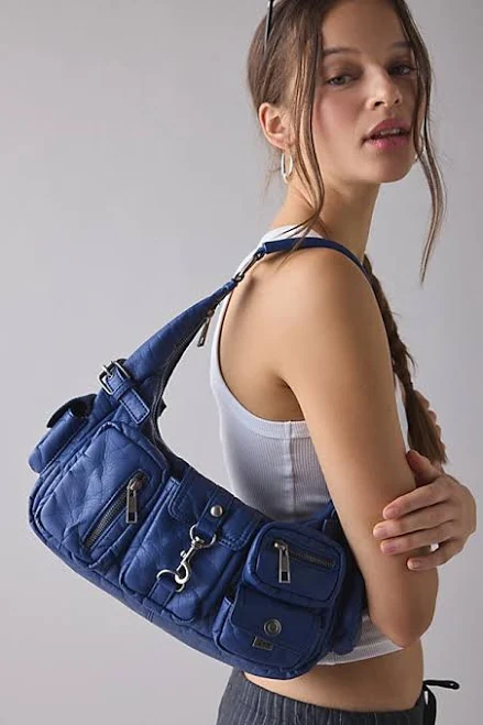 bag Silence + Noise Emily Washed Faux Leather Shoulder Bag in Blue, Women's at Urban Outfitters Urban Outfitters $60