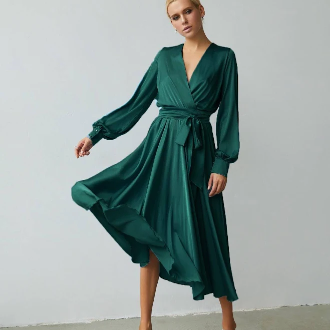 dress Silk Satin Long Sleeve Midi Dress Etsy - Seller $143.54