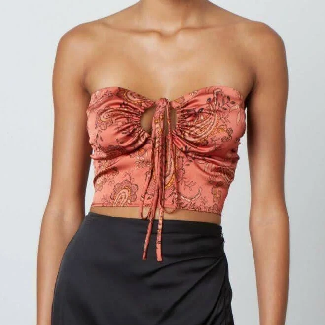 top Stephania Paisley Satin Halter Crop Top Boho Pink $29