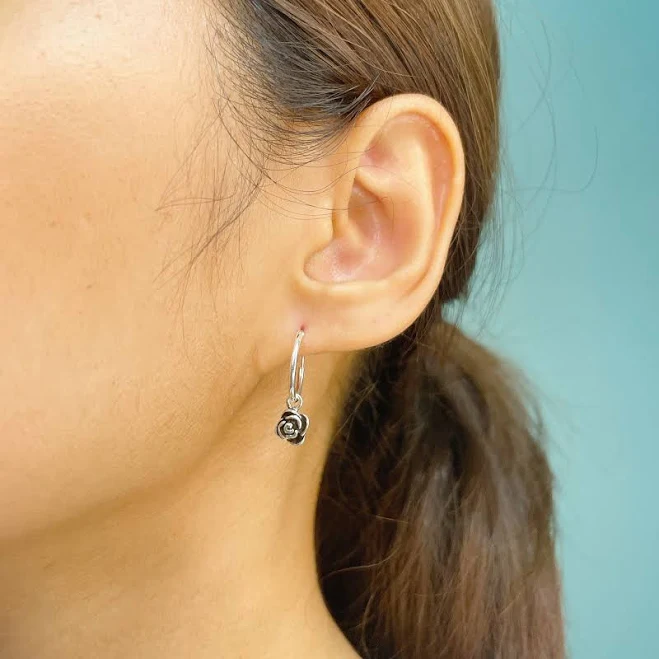 accessory Sterling Silver Rose Charm Hoop Earrings Etsy - TheSilverGame $24.8